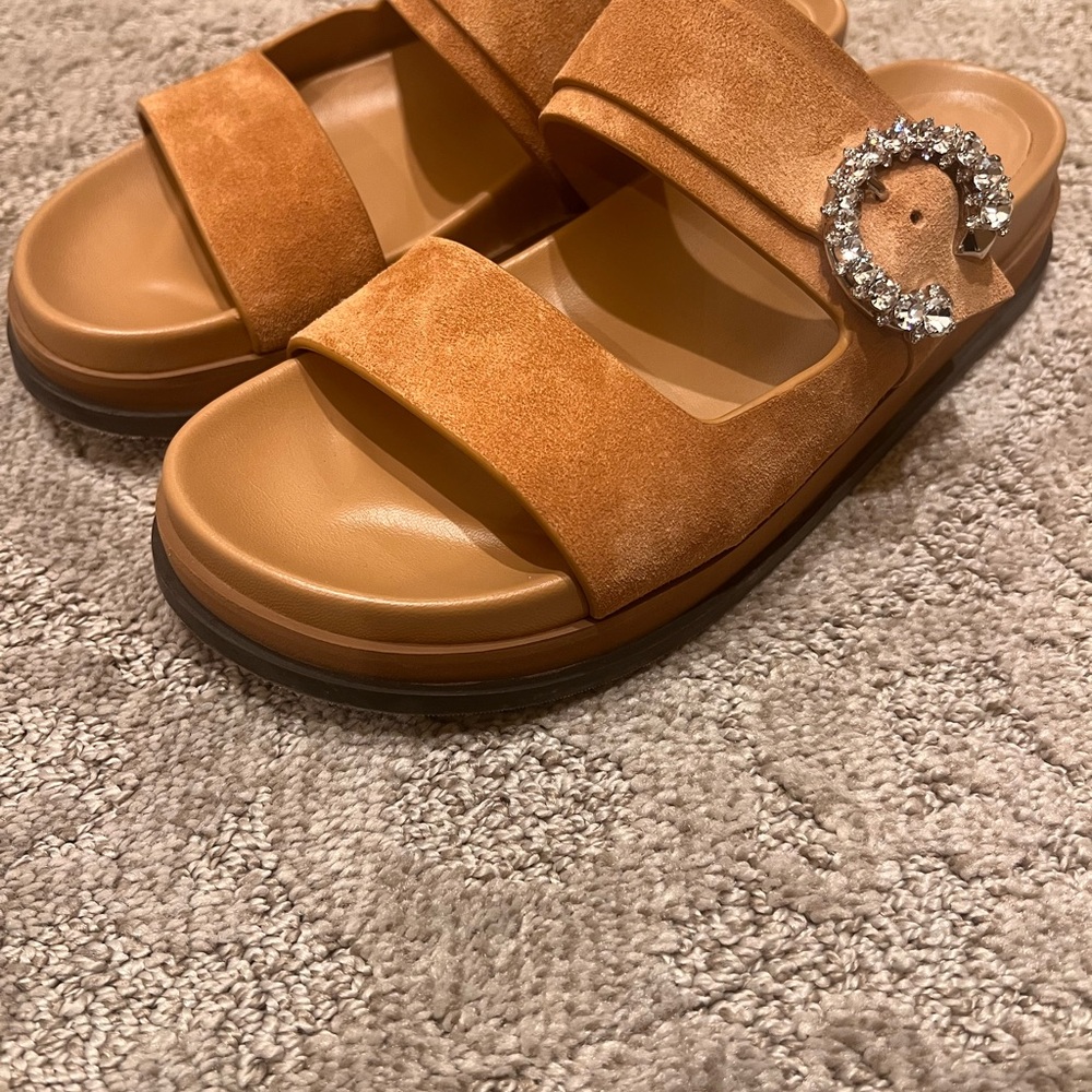 Jimmy Choo Tan Suede Sandals with Crystal Buckle